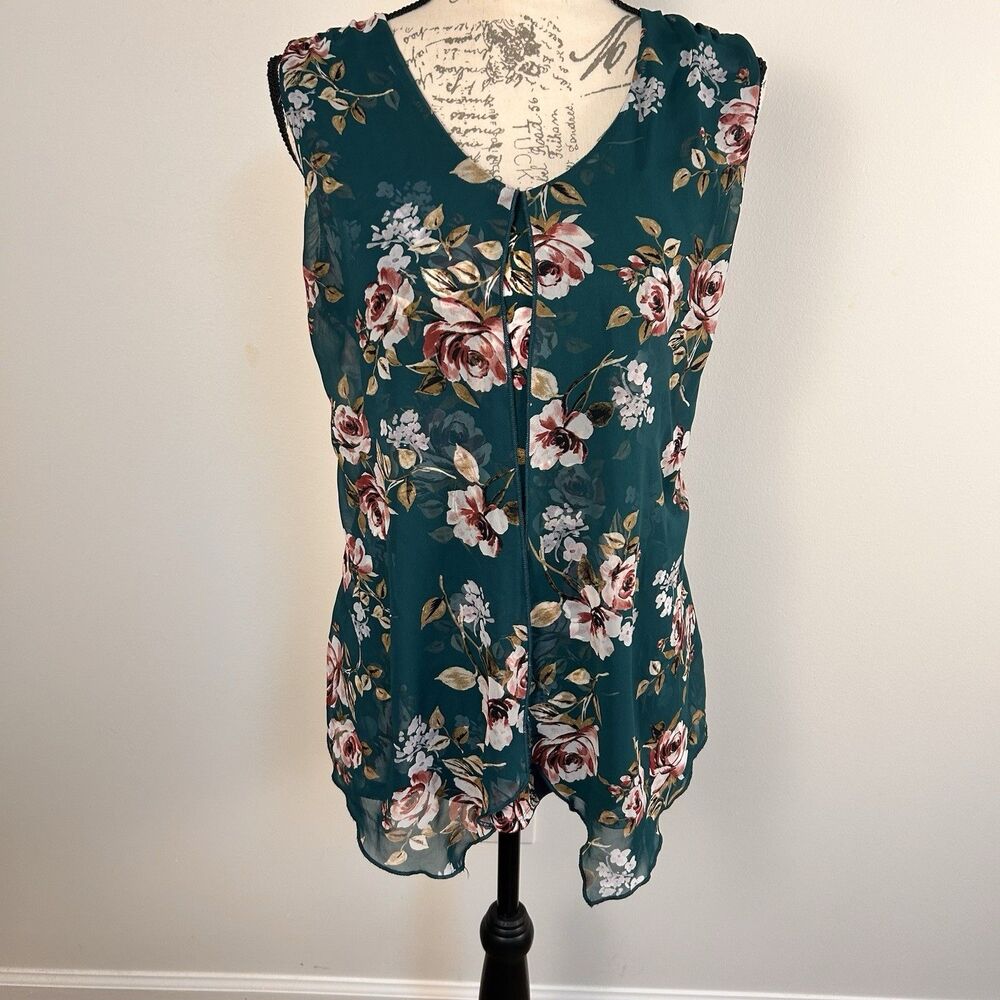 Adele & May Green Floral Sleeveless Blouse Medium Sheer Lightweight Boho